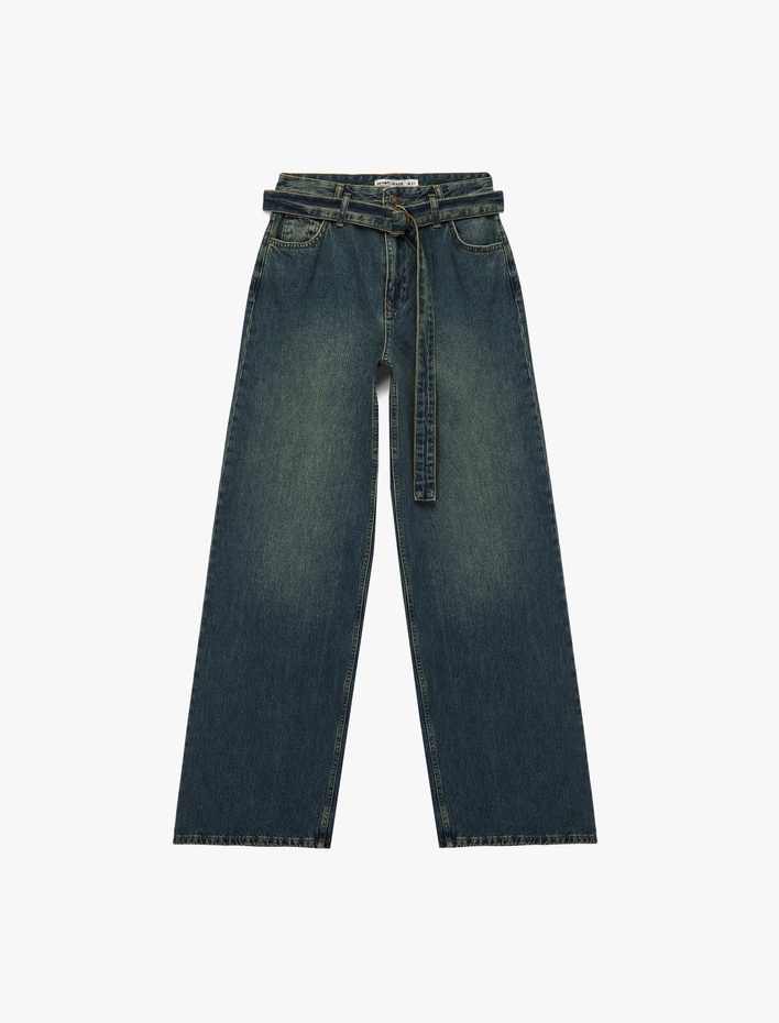  Pamuklu Normal Bel Kemerli Uzun Bol Paça Jean Pantolon - Loose Straight Fit Jean