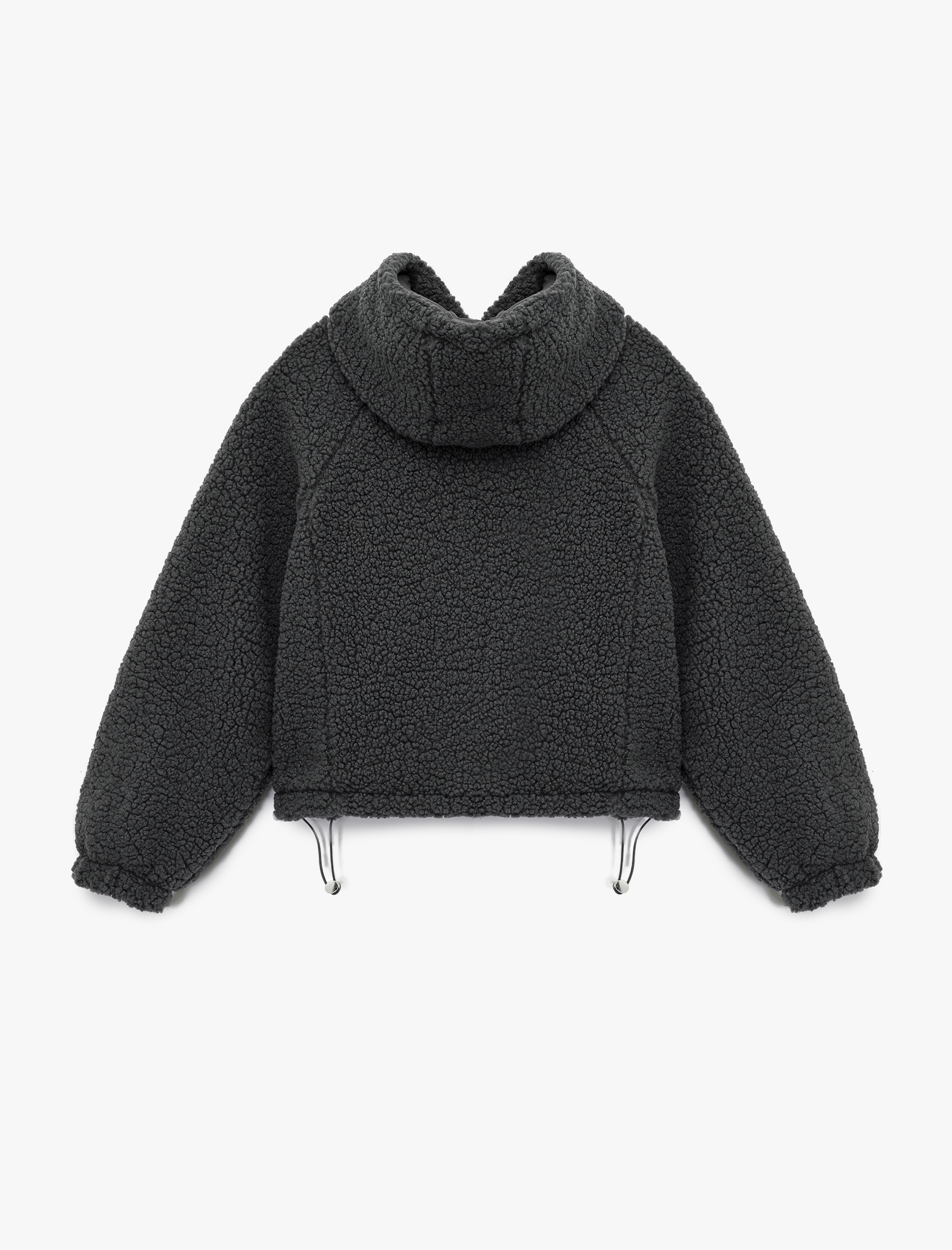   Oversize Kapüşonlu Nakışlı Fermuarlı Peluş Ceket