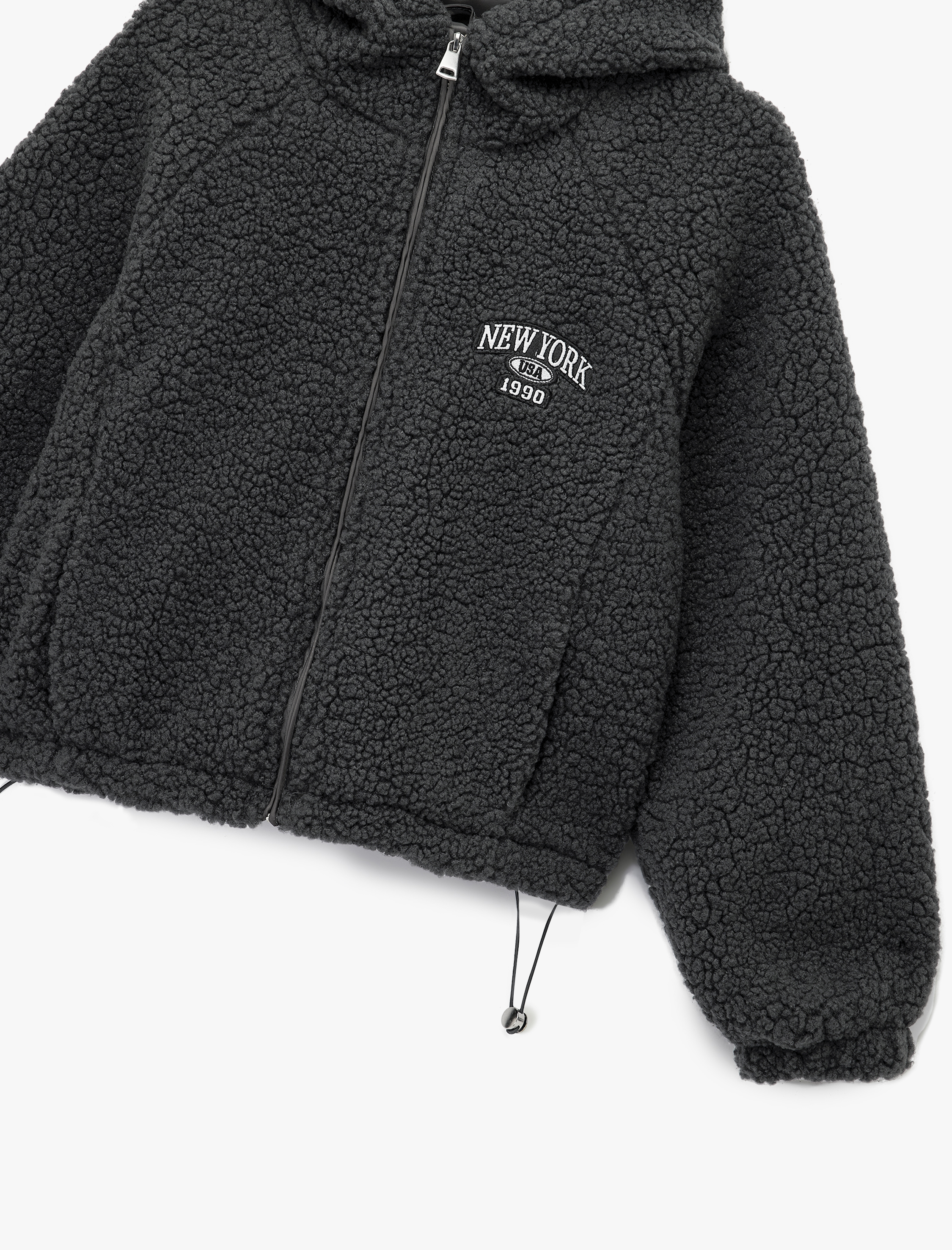   Oversize Kapüşonlu Nakışlı Fermuarlı Peluş Ceket