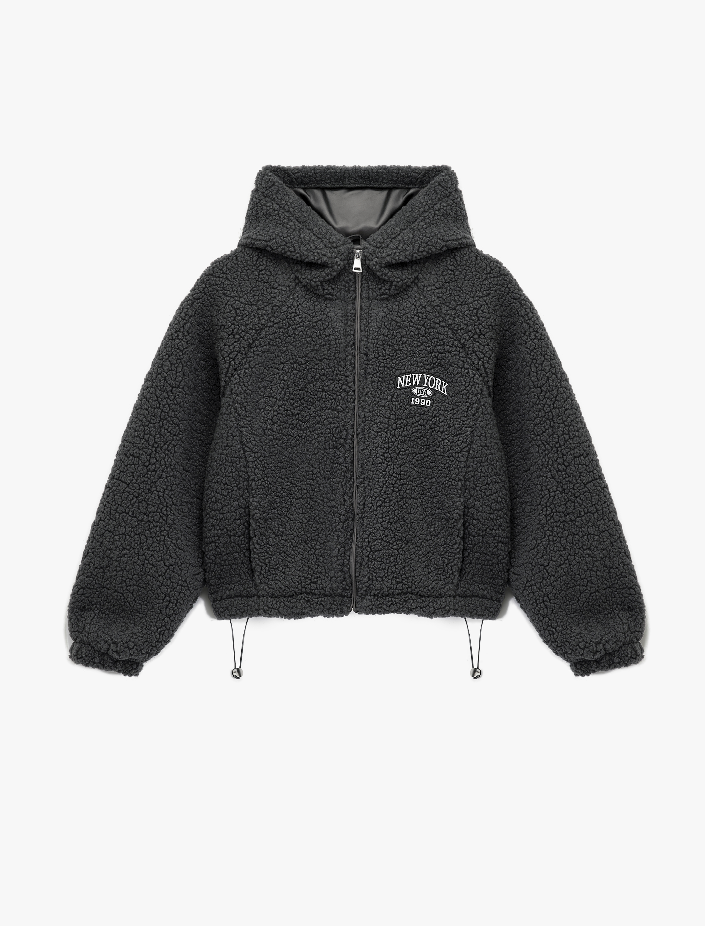   Oversize Kapüşonlu Nakışlı Fermuarlı Peluş Ceket