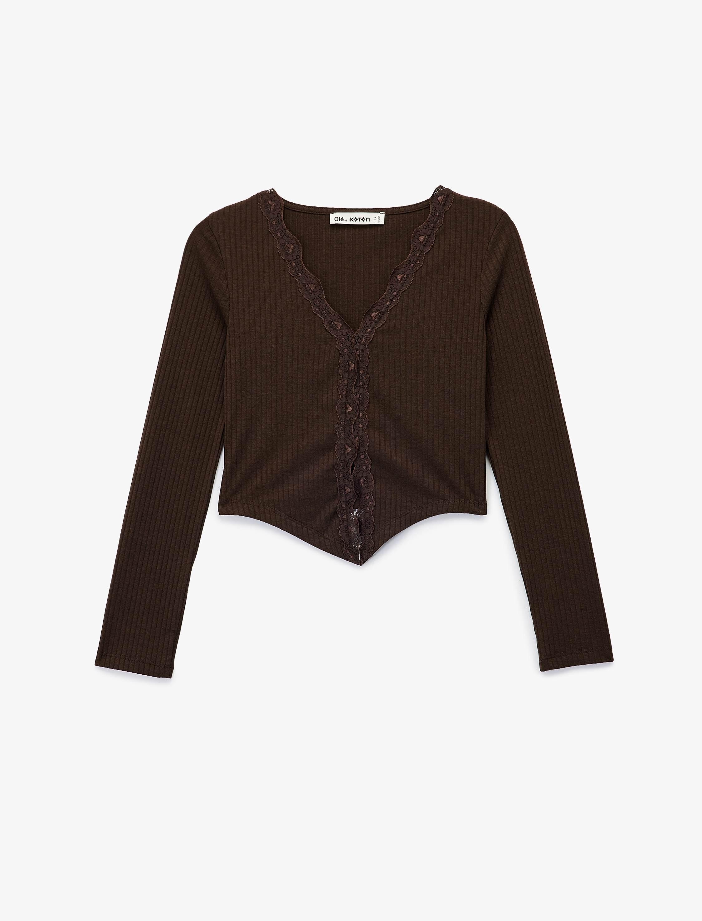   Kaşkorse Dantel Detaylı V Yaka Uzun Kollu Düğmeli Asimetrik Crop Tişört