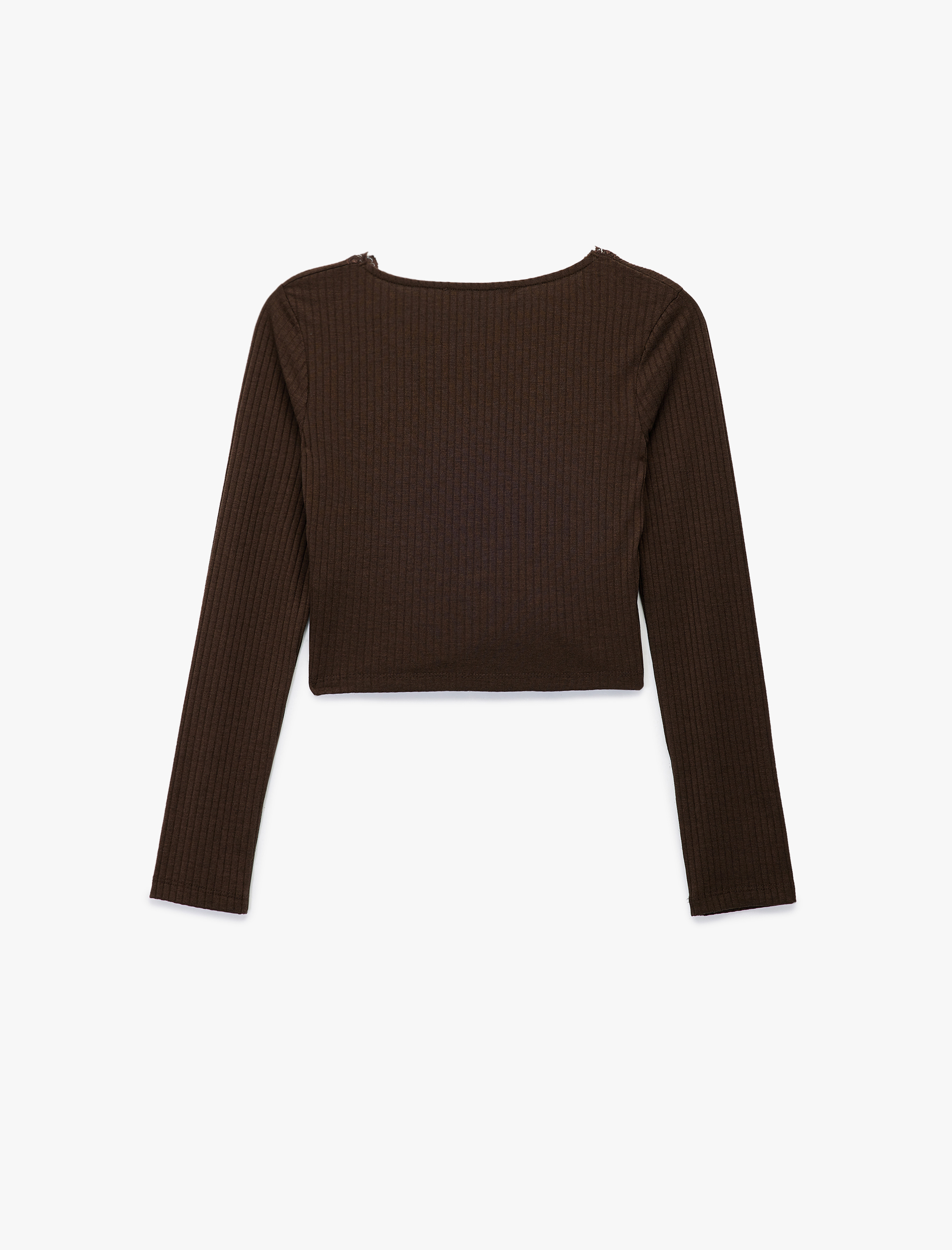   Kaşkorse Dantel Detaylı V Yaka Uzun Kollu Düğmeli Asimetrik Crop Tişört