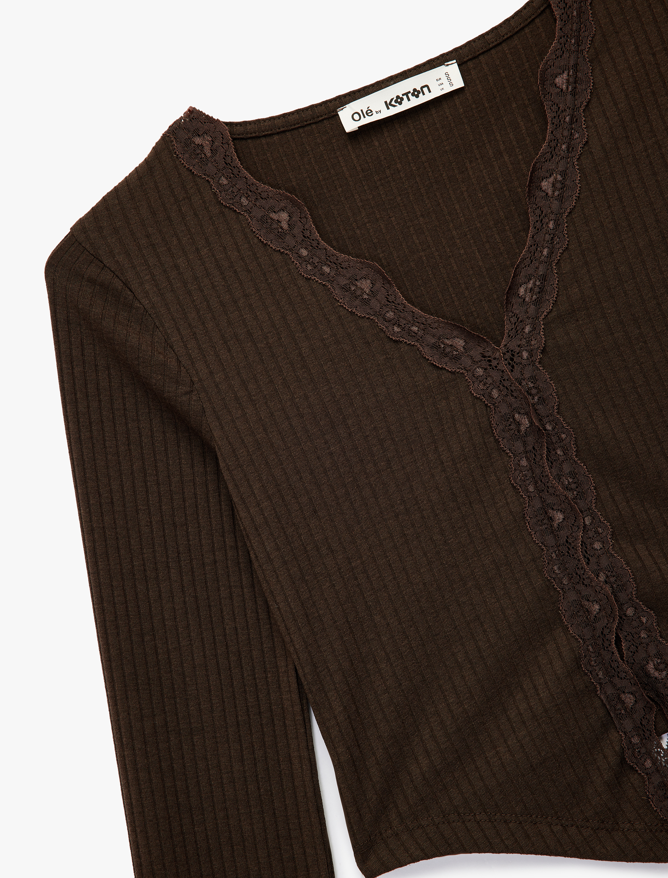   Kaşkorse Dantel Detaylı V Yaka Uzun Kollu Düğmeli Asimetrik Crop Tişört