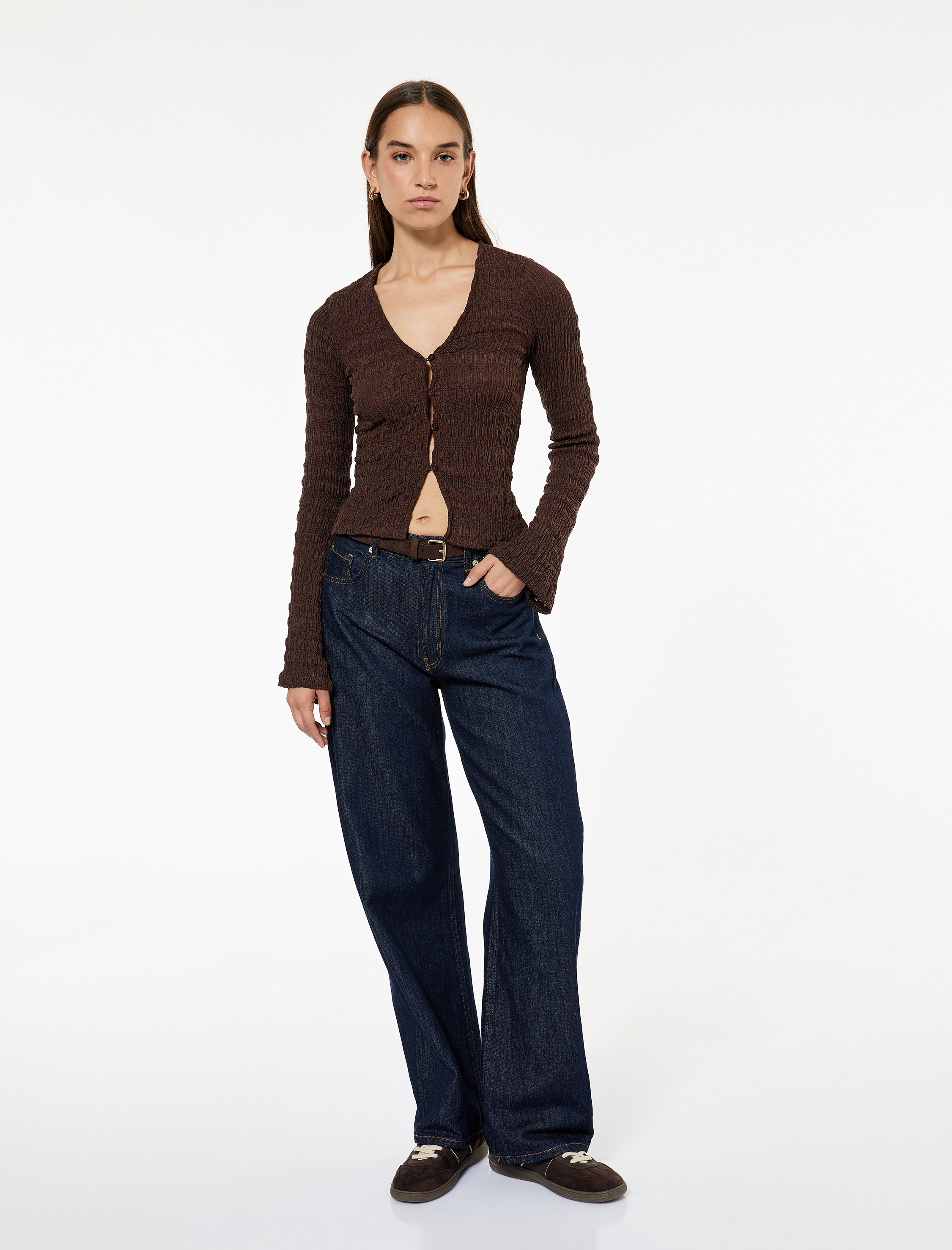   Uzun İspanyol Kollu V Yaka Düğmeli Bürümcük Hırka