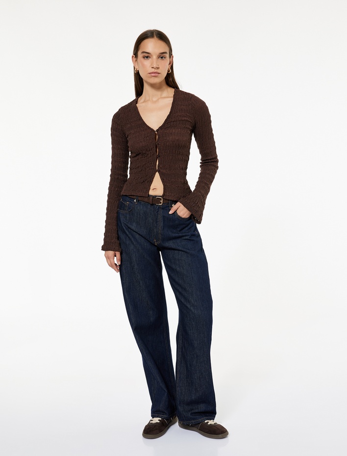  Uzun İspanyol Kollu V Yaka Düğmeli Bürümcük Hırka