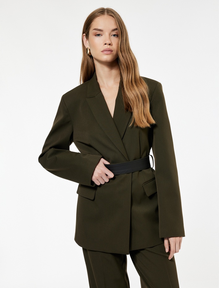  Koton X Sima Tarkan - Uzun Kollu Cepli Kruvaze Kemerli Oversize Blazer Ceket