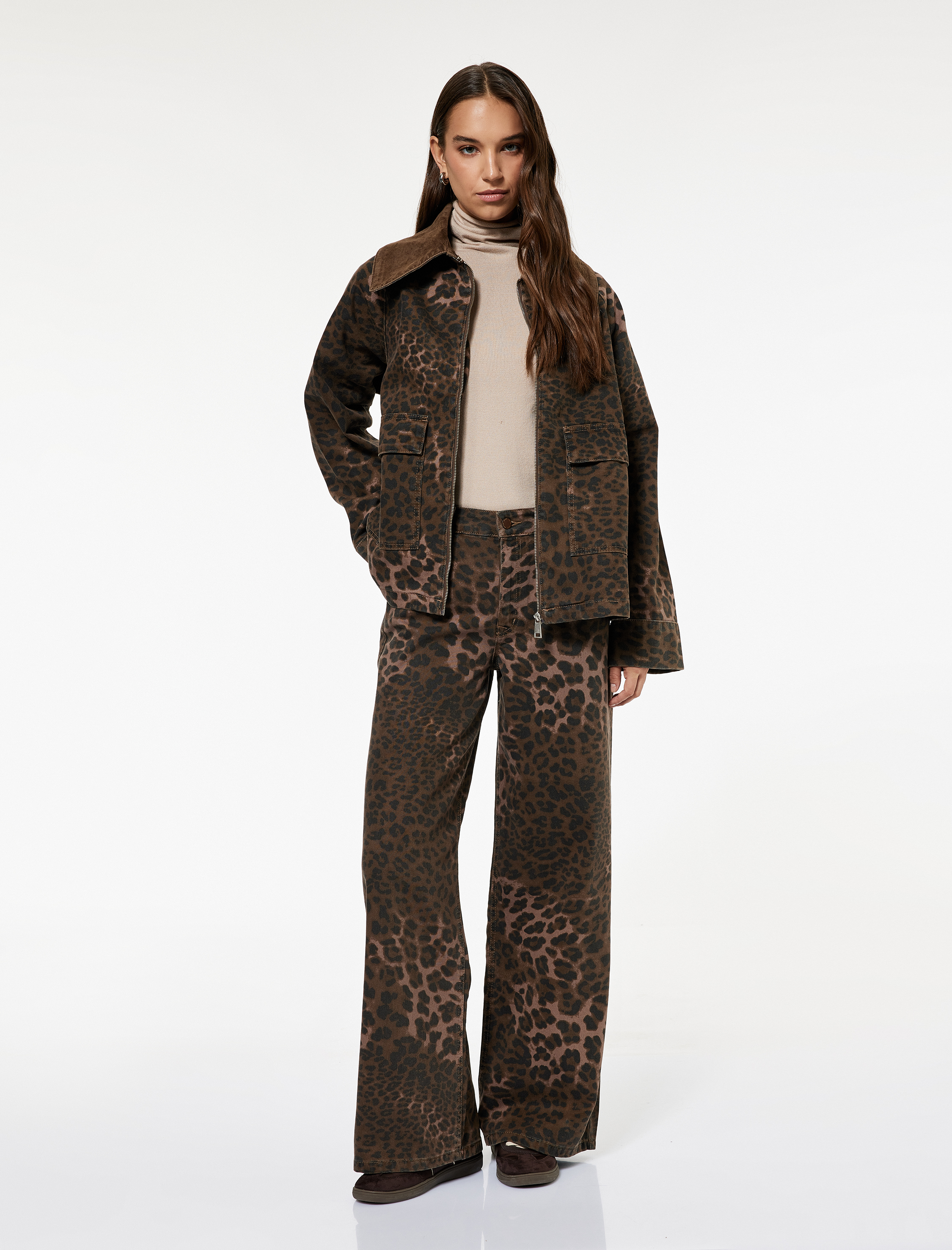   Rahat Kalıp Fermuarlı Cepli Klasik Yaka Leopar Desenli Ceket