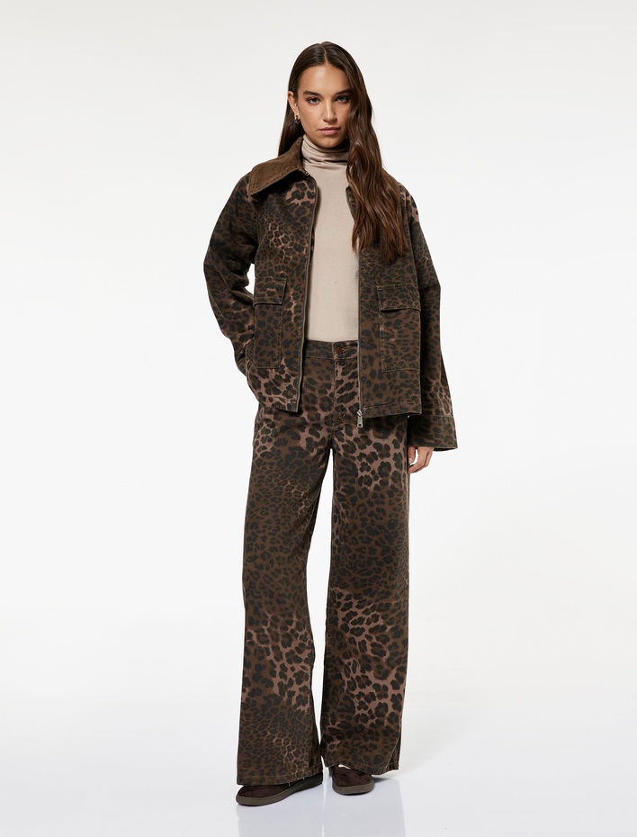  Rahat Kalıp Fermuarlı Cepli Klasik Yaka Leopar Desenli Ceket
