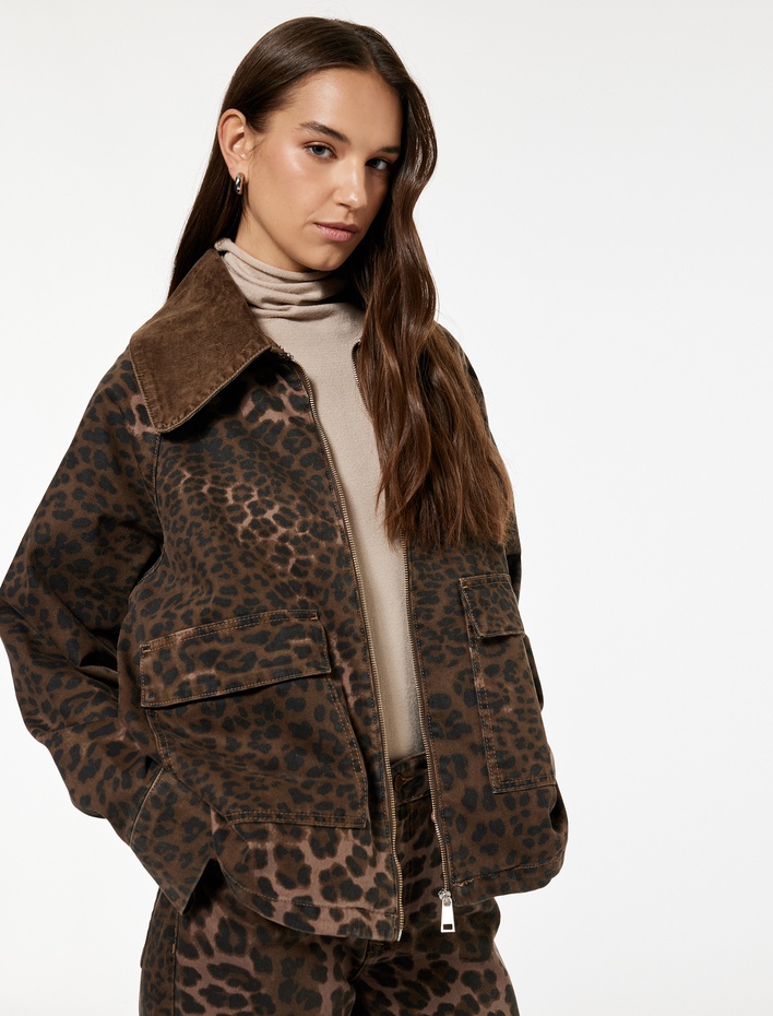  Rahat Kalıp Fermuarlı Cepli Klasik Yaka Leopar Desenli Ceket