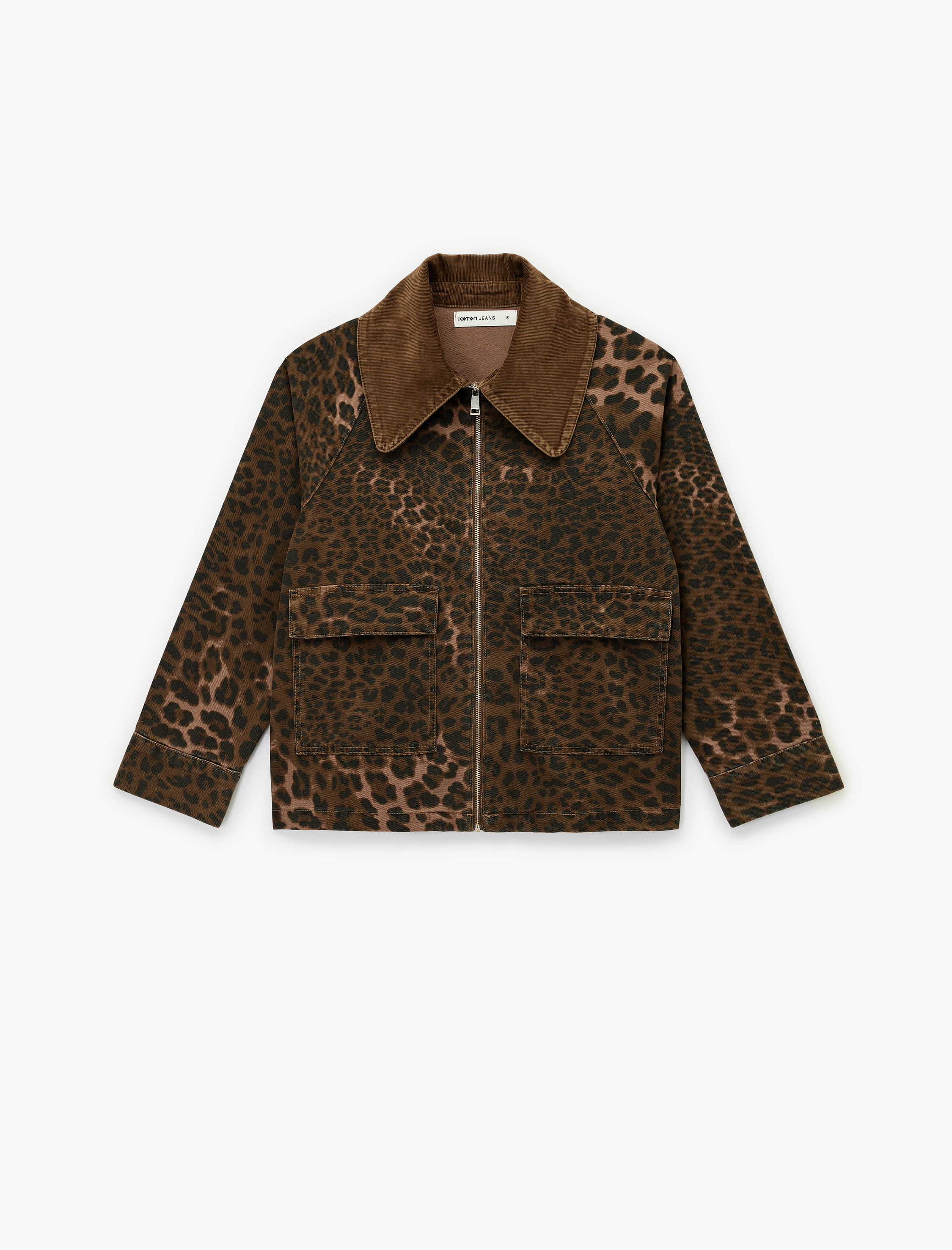   Rahat Kalıp Fermuarlı Cepli Klasik Yaka Leopar Desenli Ceket