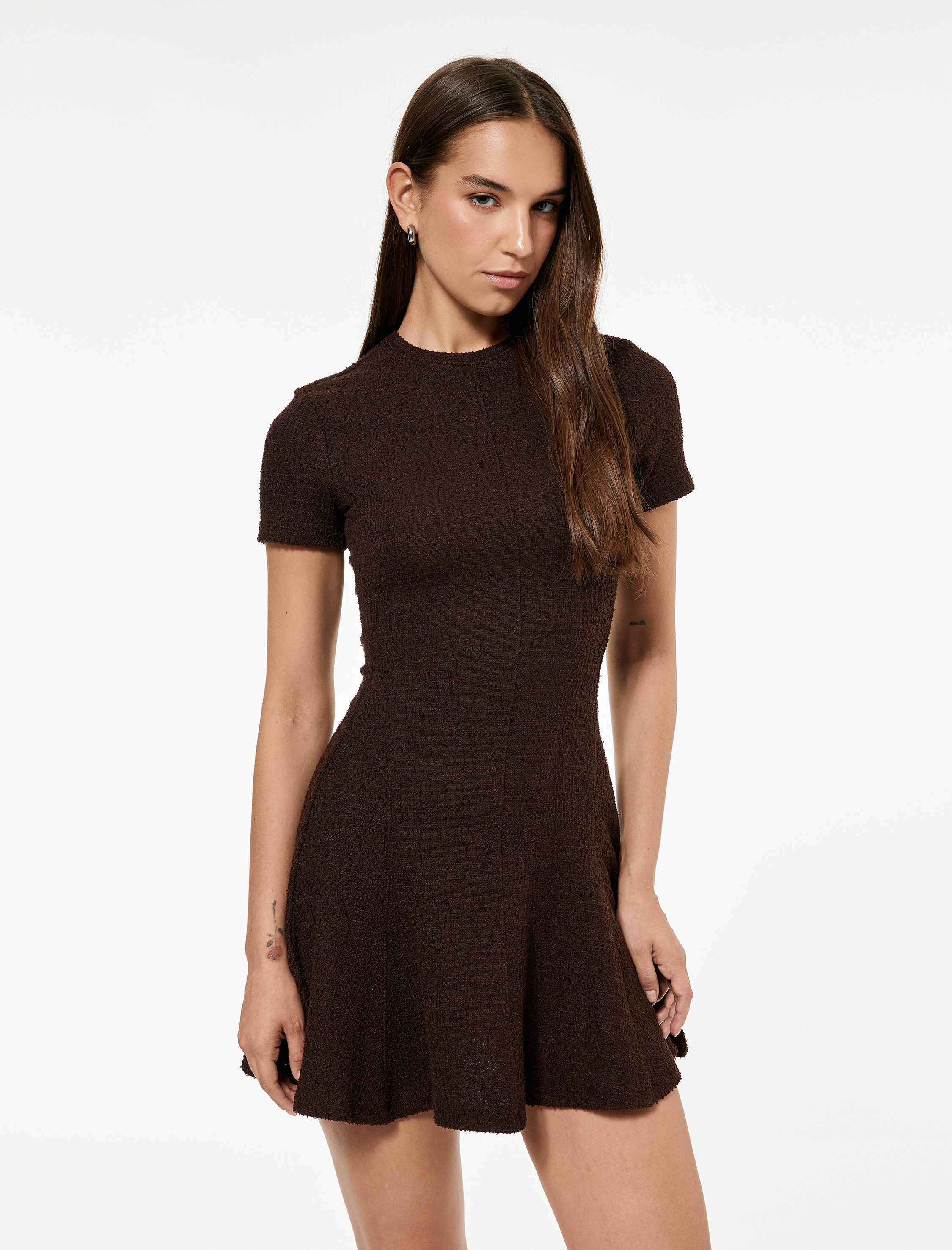   Viskon Karışımlı Kısa Kollu Bisiklet Yaka Mini Elbise