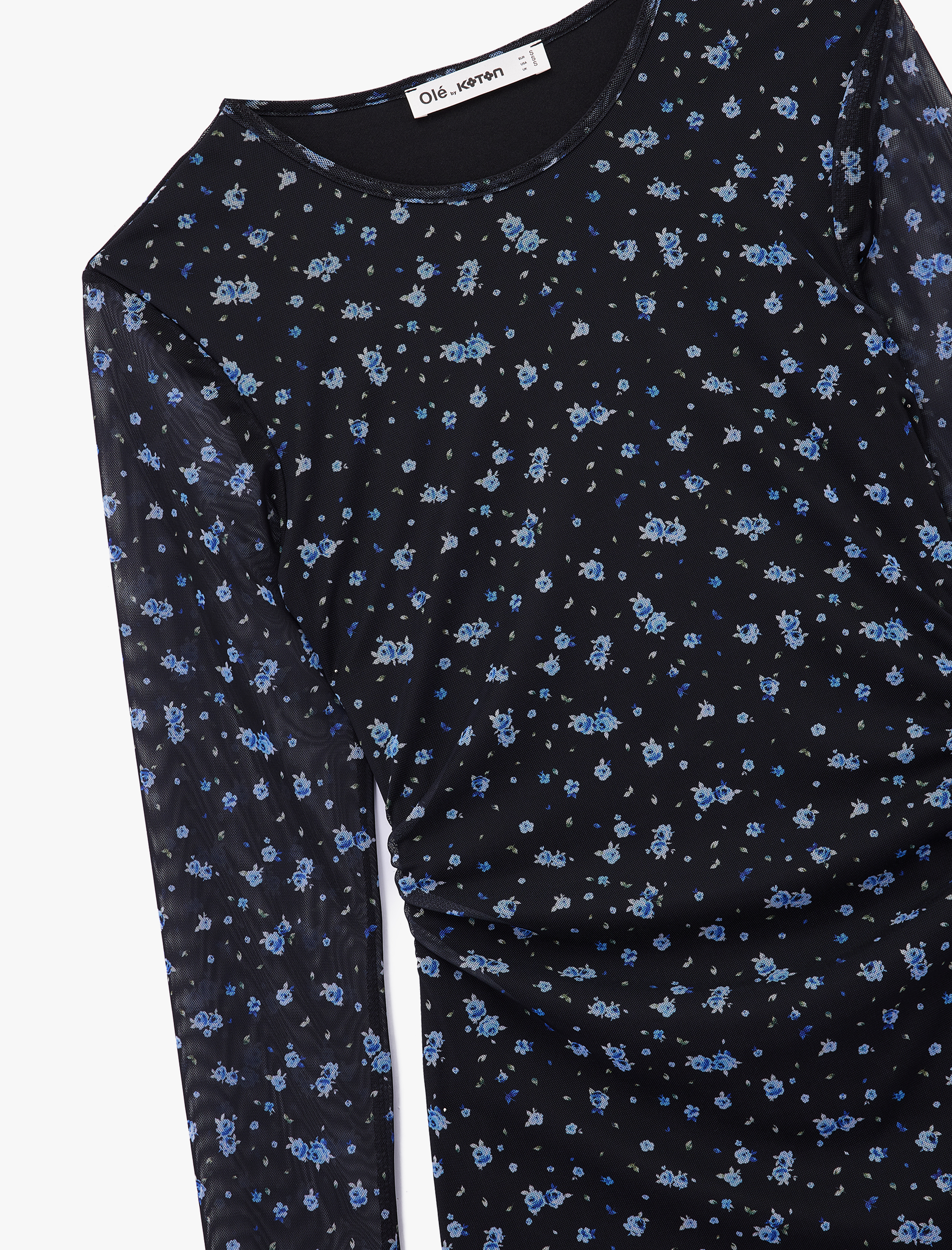   Slim Fit Asimetrik Kesim Uzun Kollu Bisiklet Yaka Çiçekli Elbise