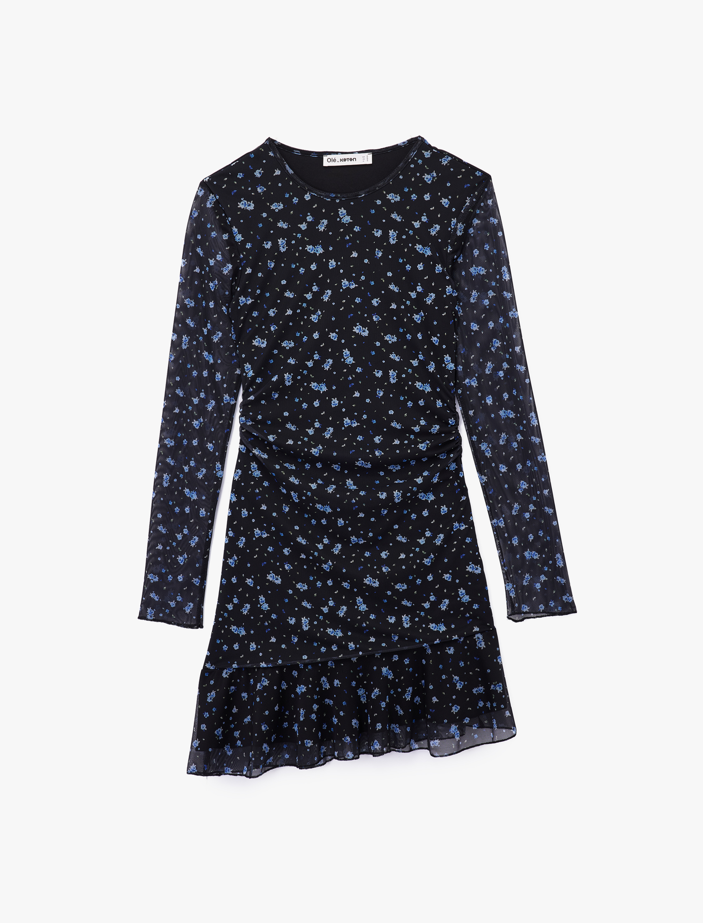   Slim Fit Asimetrik Kesim Uzun Kollu Bisiklet Yaka Çiçekli Elbise