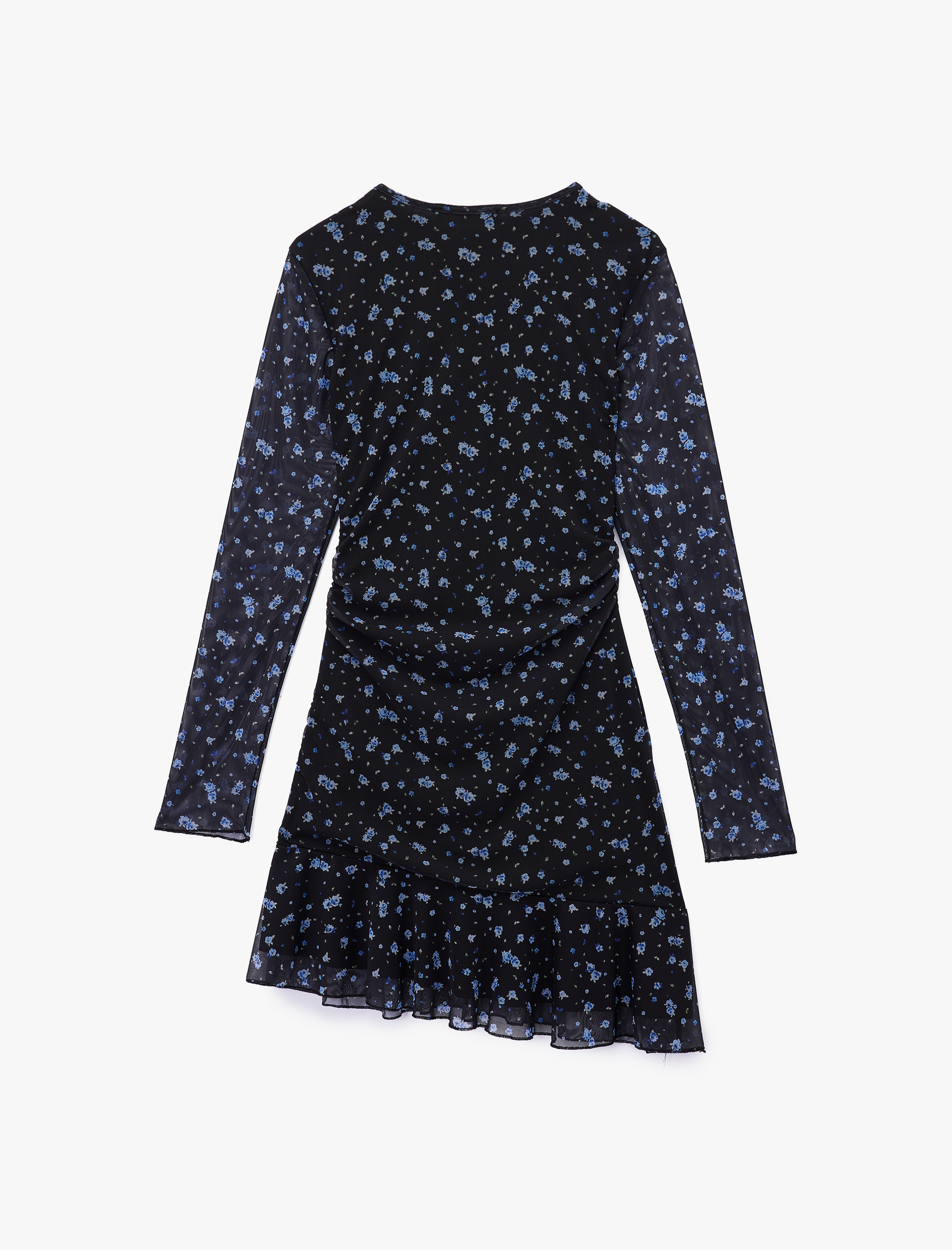   Slim Fit Asimetrik Kesim Uzun Kollu Bisiklet Yaka Çiçekli Elbise