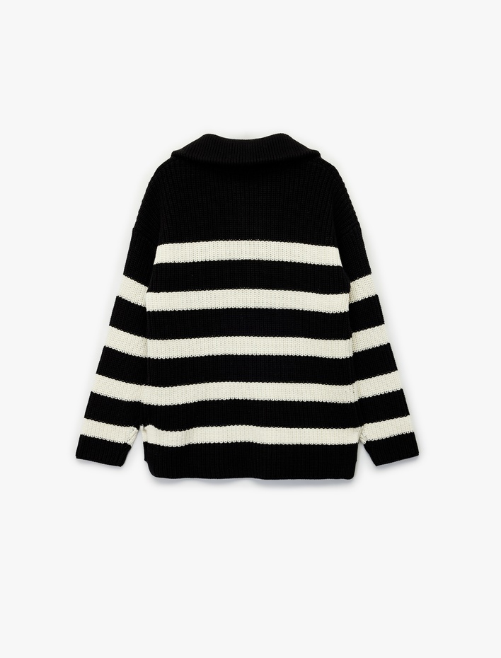 Kız Çocuk Yarım Fermuarlı Dik Yaka Uzun Kollu Çizgili Triko Kazak