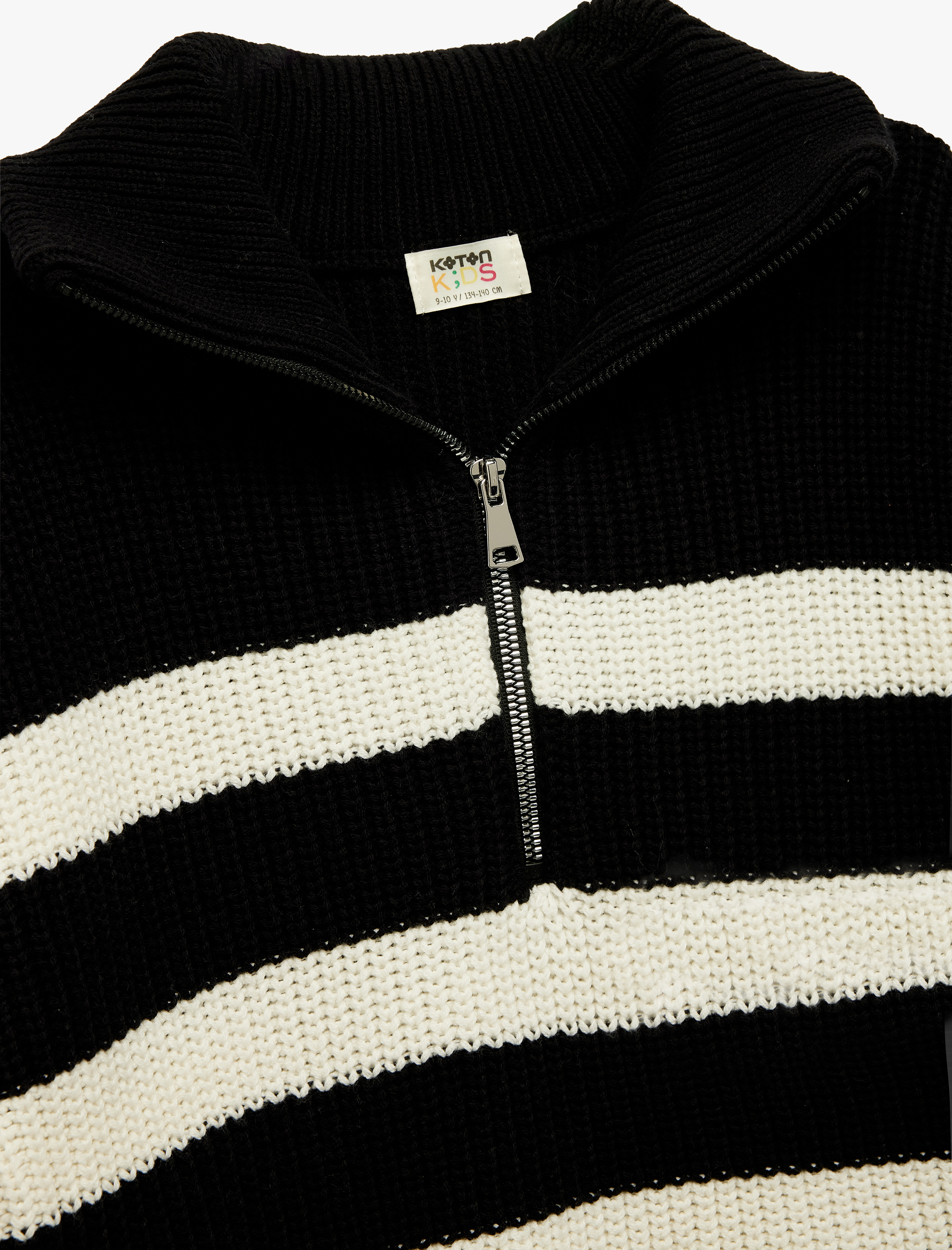  Kız Çocuk Yarım Fermuarlı Dik Yaka Uzun Kollu Çizgili Triko Kazak