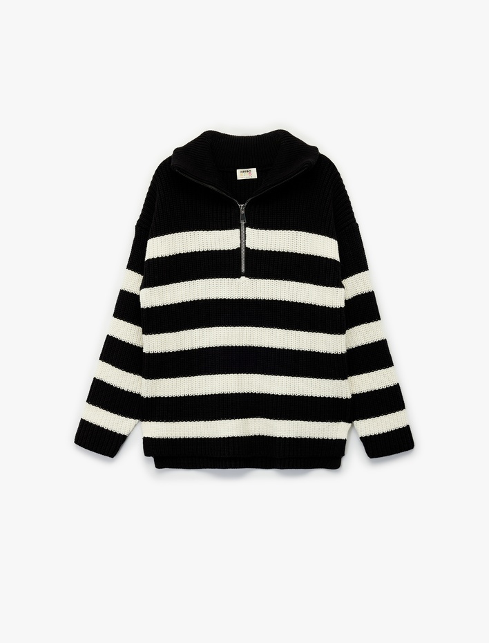 Kız Çocuk Yarım Fermuarlı Dik Yaka Uzun Kollu Çizgili Triko Kazak