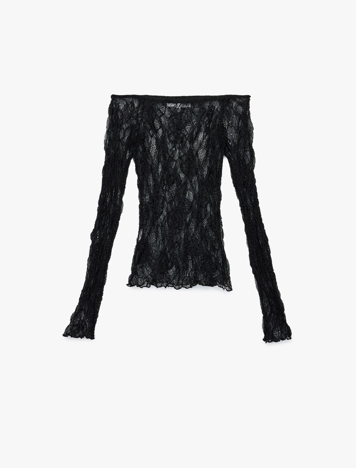  Kayık Yaka Slim Fit Uzun İspanyol Kollu Dantel Tişört