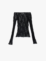 Kayık Yaka Slim Fit Uzun İspanyol Kollu Dantel Tişört