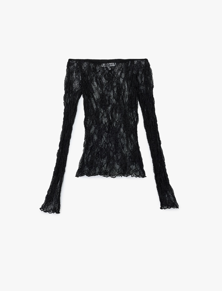  Kayık Yaka Slim Fit Uzun İspanyol Kollu Dantel Tişört