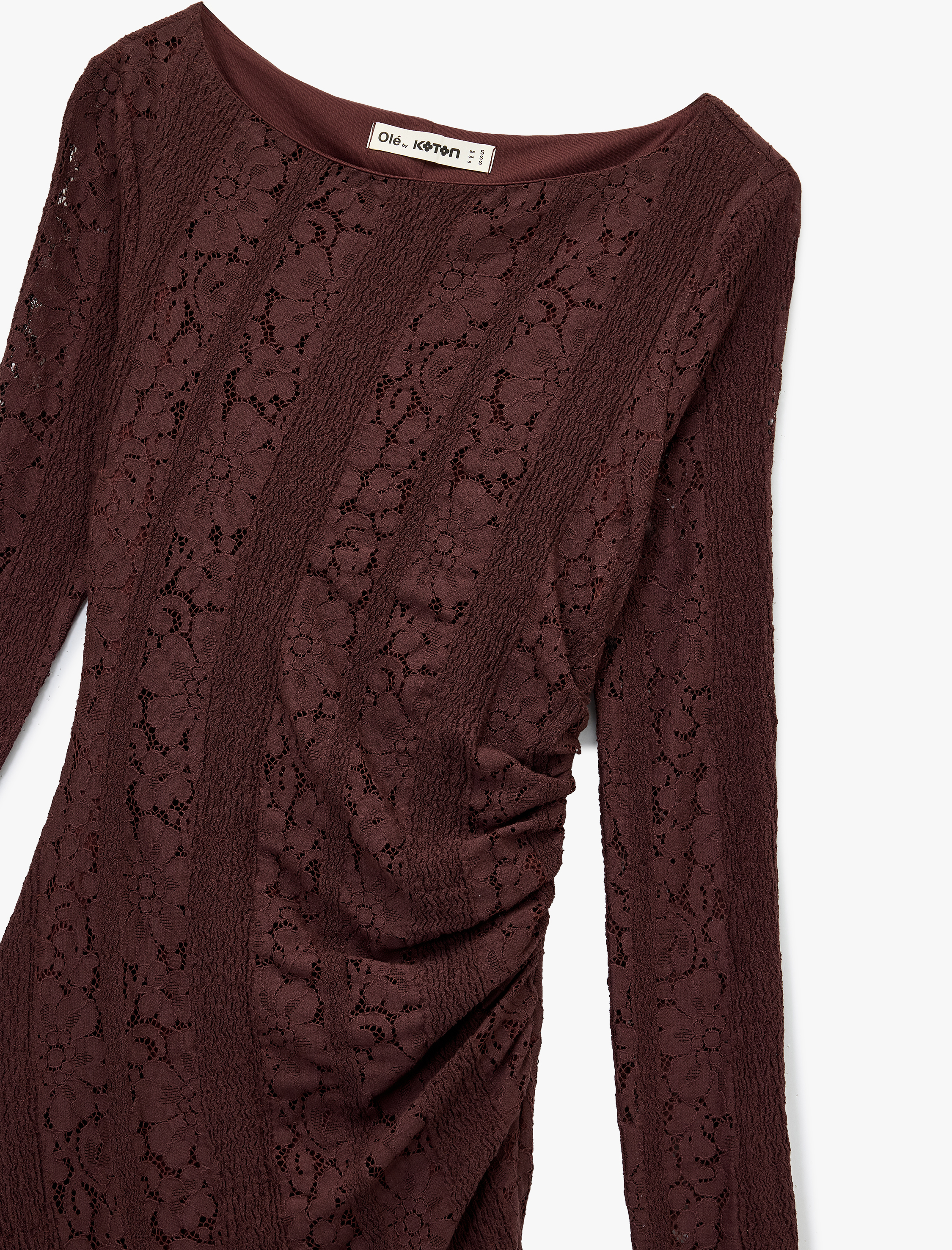   Uzun Kollu Bisiklet Yaka Drapeli Asimetrik Midi Dantel Elbise