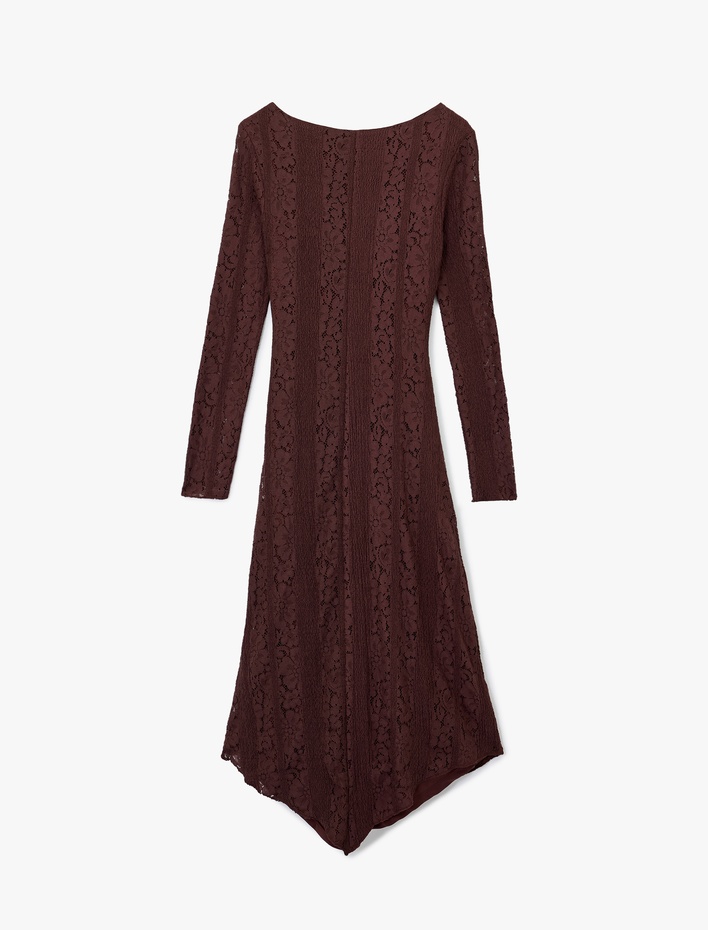  Uzun Kollu Bisiklet Yaka Drapeli Asimetrik Midi Dantel Elbise