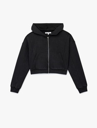 Rahat Kalıp Kanguru Cepli Fermuarlı Yıkamalı Kapüşonlu Crop Sweatshirt