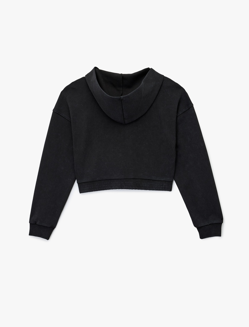   Rahat Kalıp Kanguru Cepli Fermuarlı Yıkamalı Kapüşonlu Crop Sweatshirt