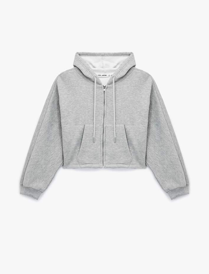 Şardonlu Kapüşonlu Baskılı Simli Cep Detaylı Fermuarlı Sweatshirt