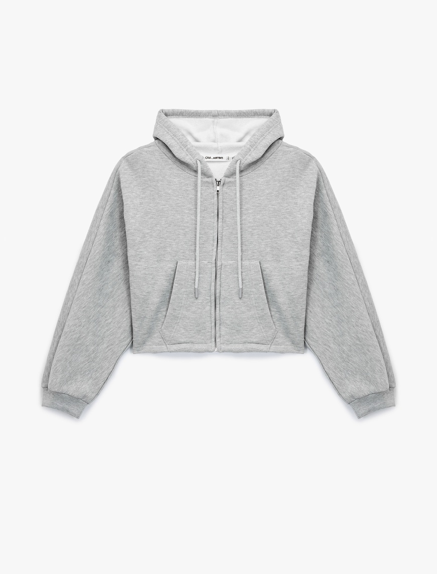   Şardonlu Kapüşonlu Baskılı Simli Cep Detaylı Fermuarlı Sweatshirt