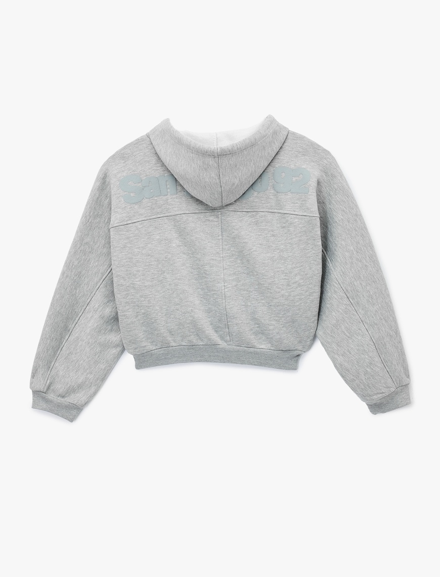   Şardonlu Kapüşonlu Baskılı Simli Cep Detaylı Fermuarlı Sweatshirt