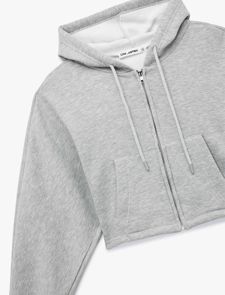   Şardonlu Kapüşonlu Baskılı Simli Cep Detaylı Fermuarlı Sweatshirt