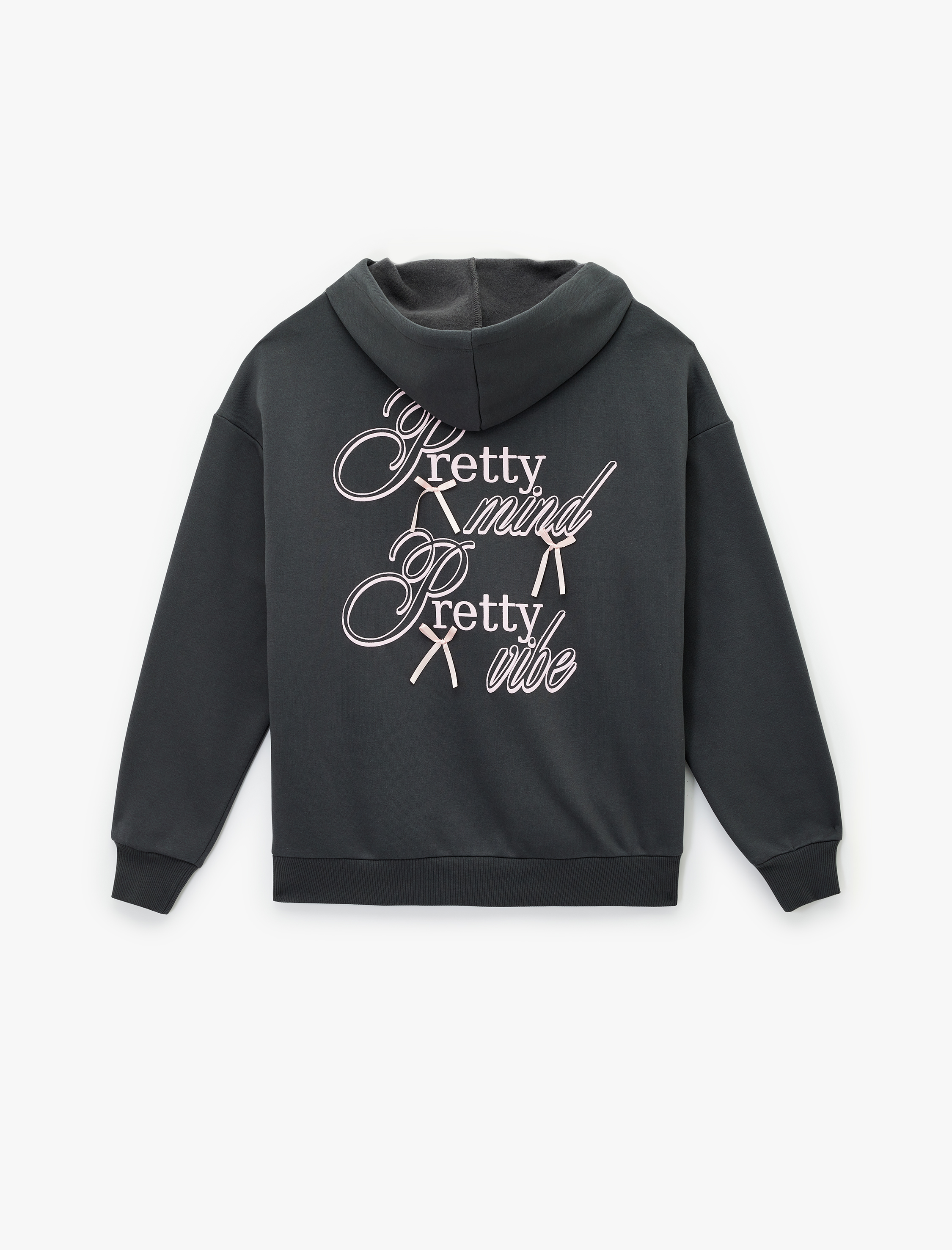   Fermuarlı Kapüşonlu Kanguru Cepli Arkası Fiyonk Baskılı Şardonlu Oversize Sweatshirt