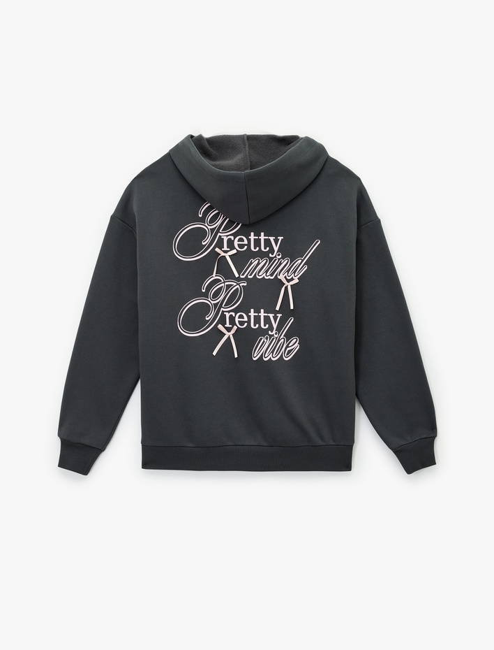  Fermuarlı Kapüşonlu Kanguru Cepli Arkası Fiyonk Baskılı Şardonlu Oversize Sweatshirt