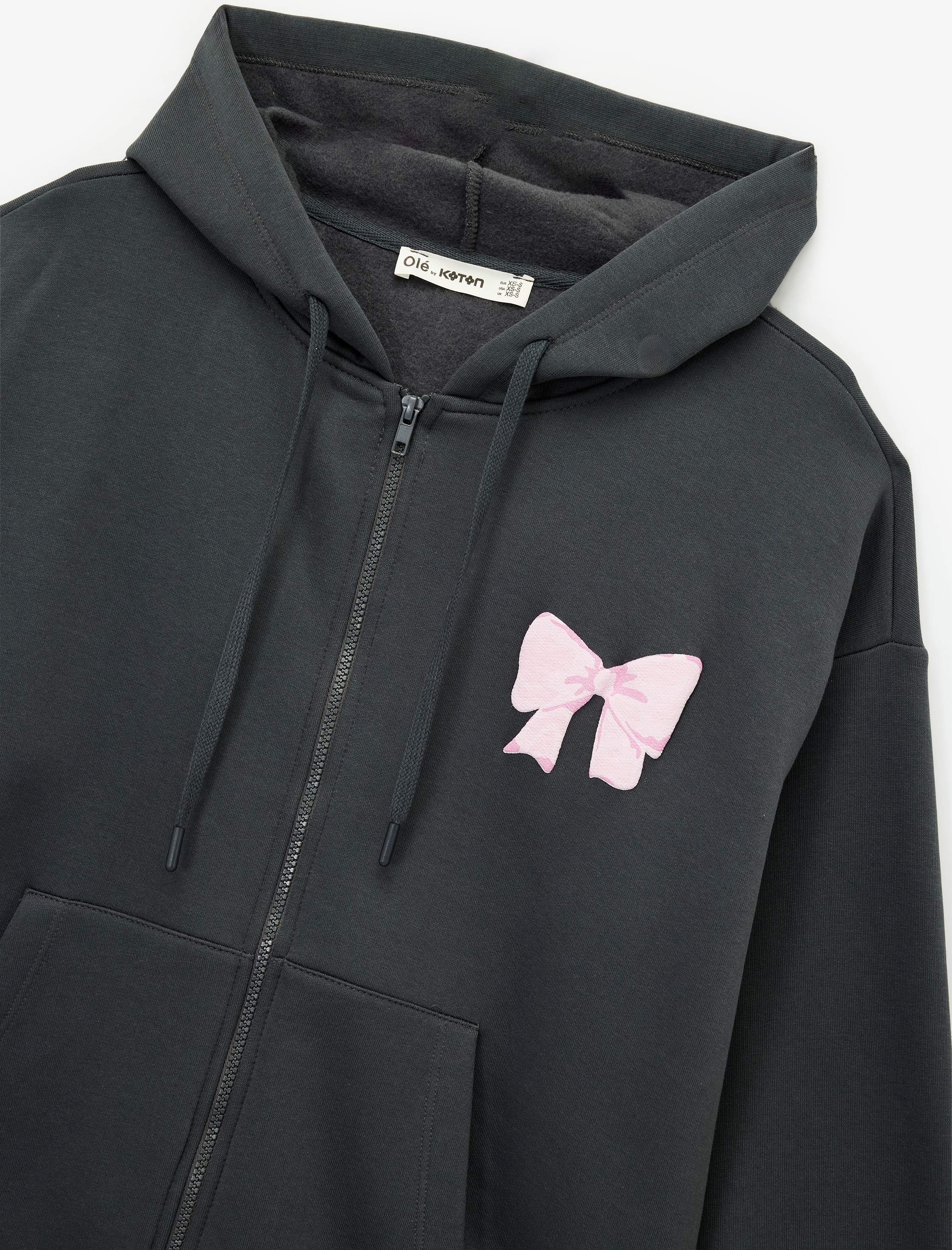   Fermuarlı Kapüşonlu Kanguru Cepli Arkası Fiyonk Baskılı Şardonlu Oversize Sweatshirt