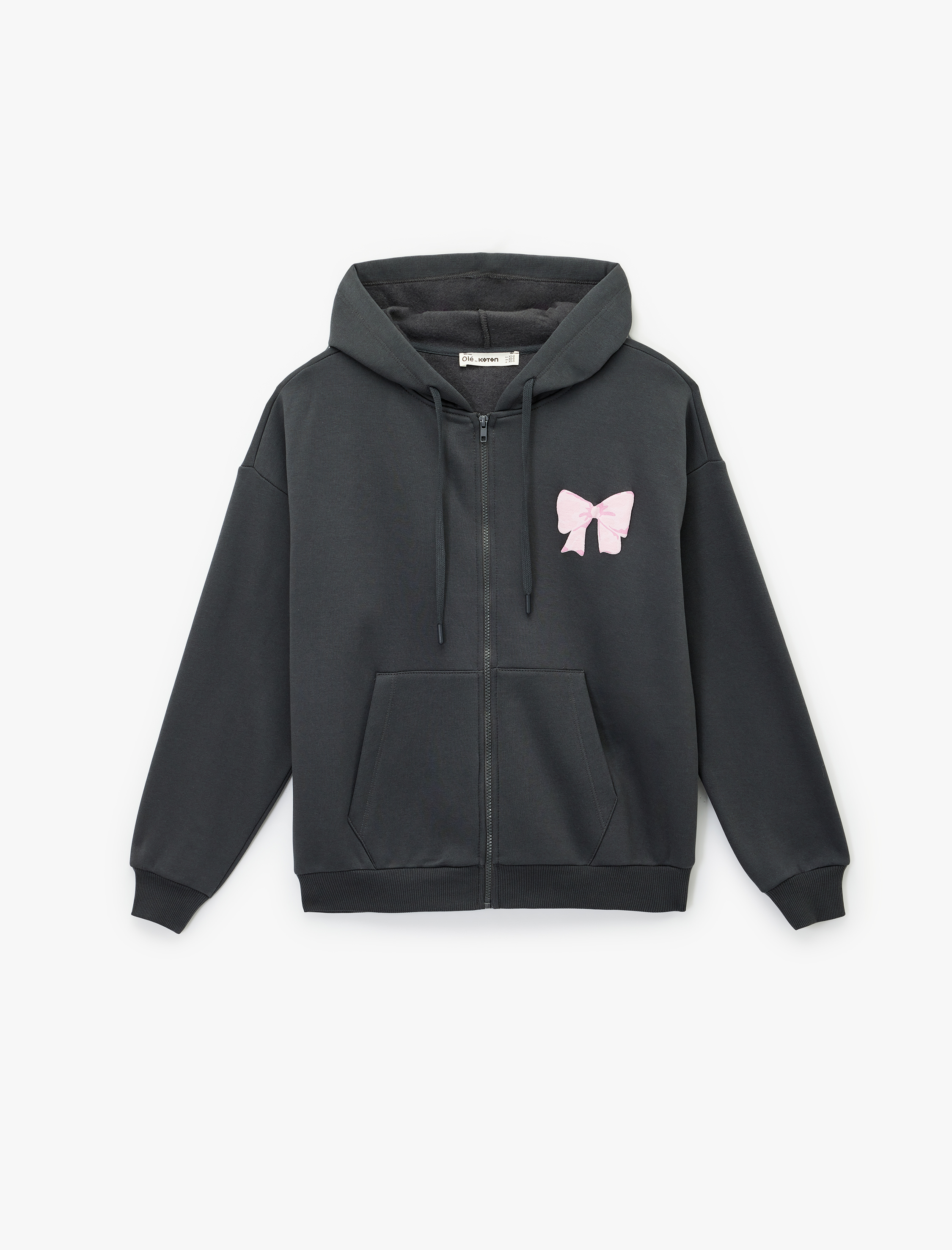   Fermuarlı Kapüşonlu Kanguru Cepli Arkası Fiyonk Baskılı Şardonlu Oversize Sweatshirt