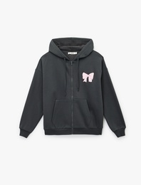 Fermuarlı Kapüşonlu Kanguru Cepli Arkası Fiyonk Baskılı Şardonlu Oversize Sweatshirt