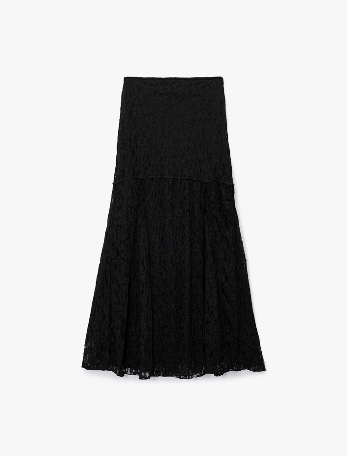  Slim Fit Dikiş Detaylı Midi Dantel Etek