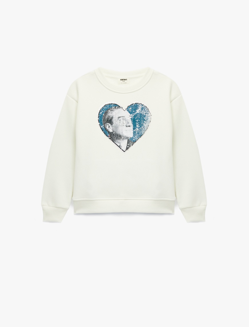 Koton Atatürk Baskılı Uzun Kollu Bisiklet Yaka Pullu Payetli Şardonlu Sweatshirt