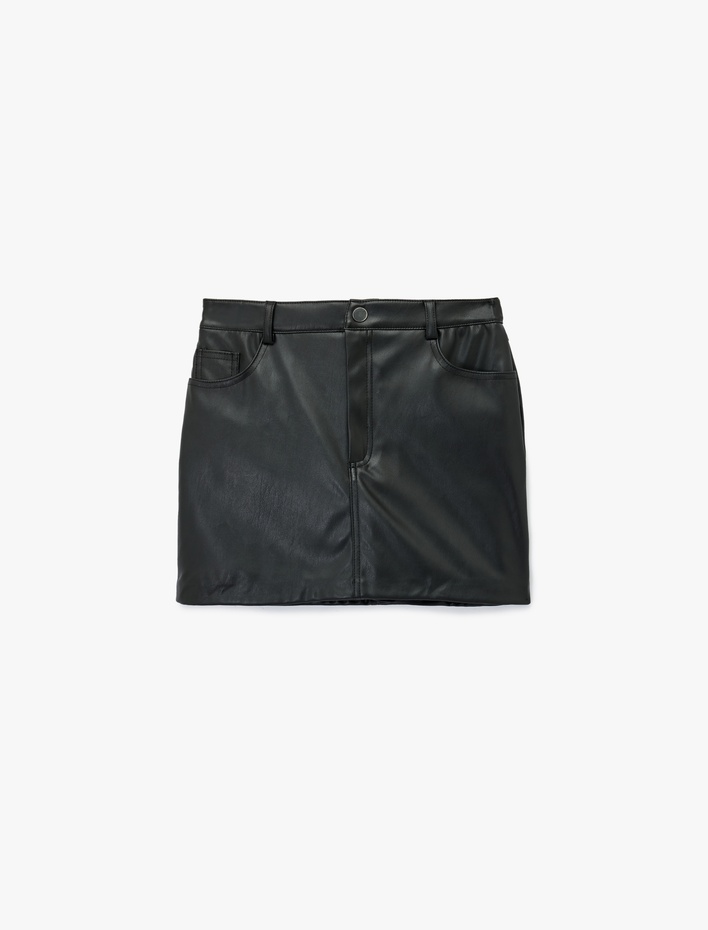  Suni Deri Slim Fit Cep Detaylı Mini Şort Etek