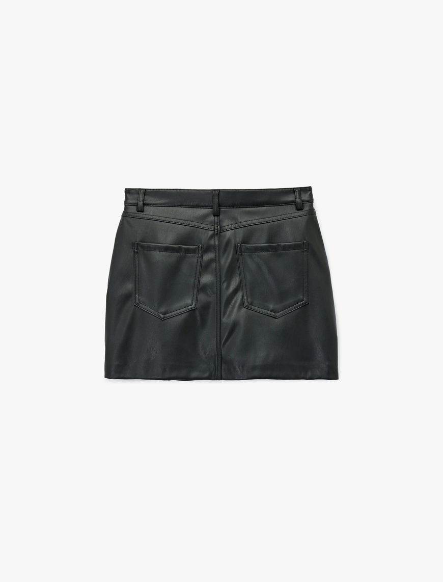   Suni Deri Slim Fit Cep Detaylı Mini Şort Etek