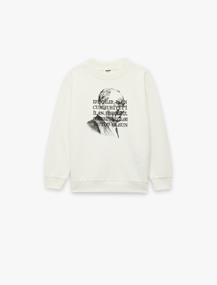 Erkek Çocuk Pamuklu Atatürk Baskılı Bisiklet Yaka Uzun Kollu Sweatshirt