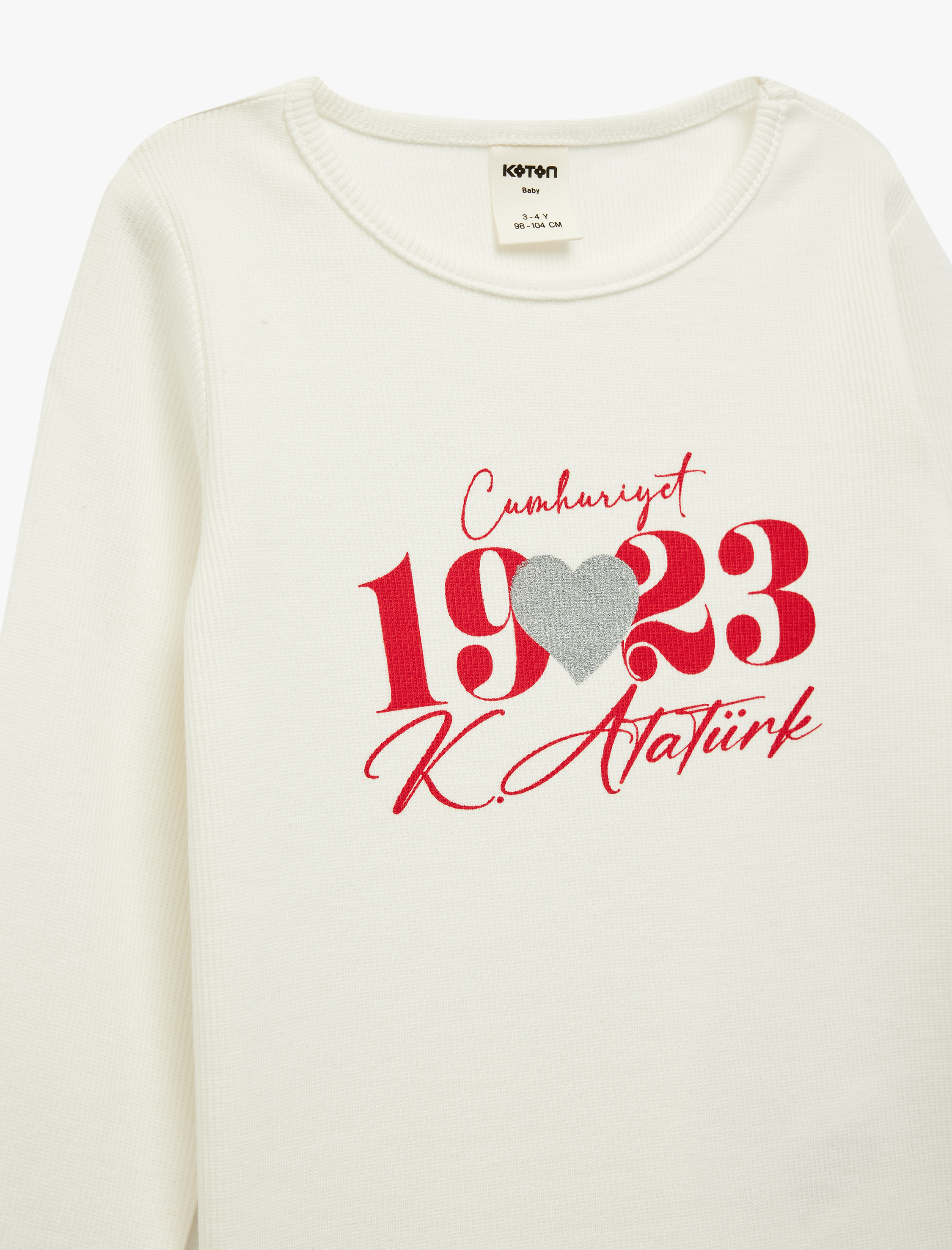  Kız Bebek Atatürk ve Cumhuriyet Baskılı Uzun Kollu Bisiklet Yaka Pamuklu Tişört