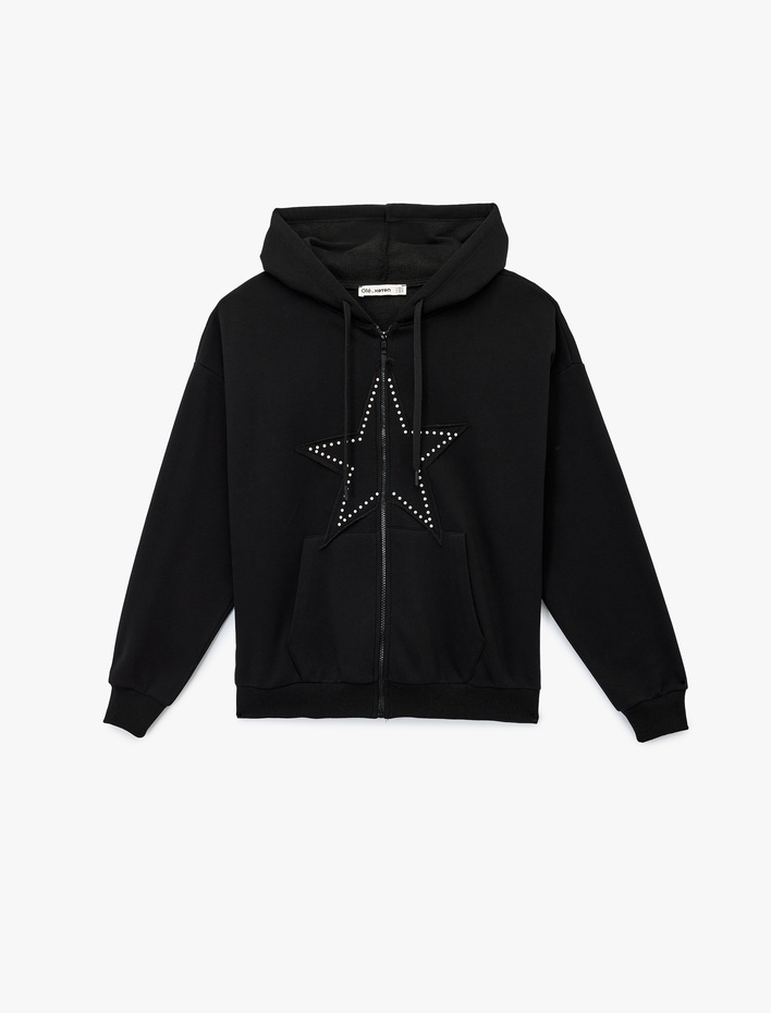  Cepli Kapüşonlu Fermuarlı Suni Süet Detaylı Oversize Taşlı Sweatshirt