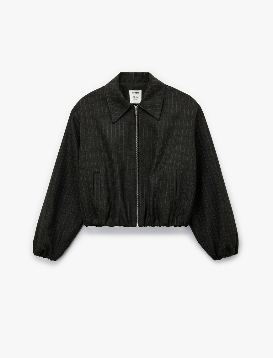   Koton X Melis Ağazat - Uzun Kollu Cepli Fermuarlı Crop Bomber Ceket