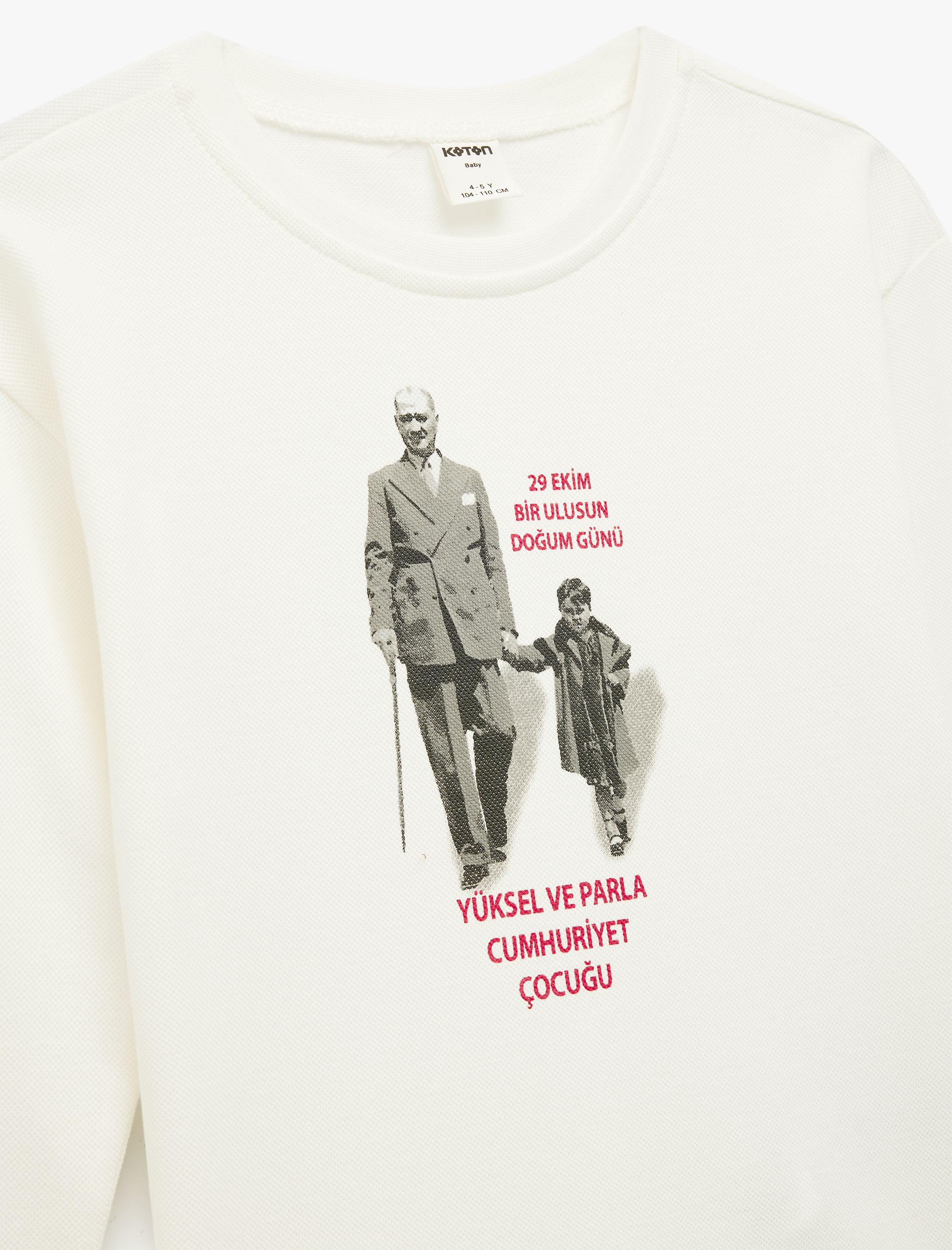  Erkek Bebek Atatürk ve Cumhuriyet Baskılı Uzun Kollu Bisiklet Yaka Pamuklu Tişört