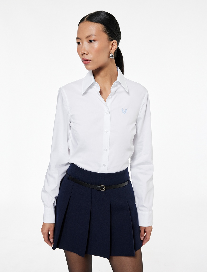   Pamuklu Slim Fit Uzun Kollu İşleme Detaylı Poplin Gömlek