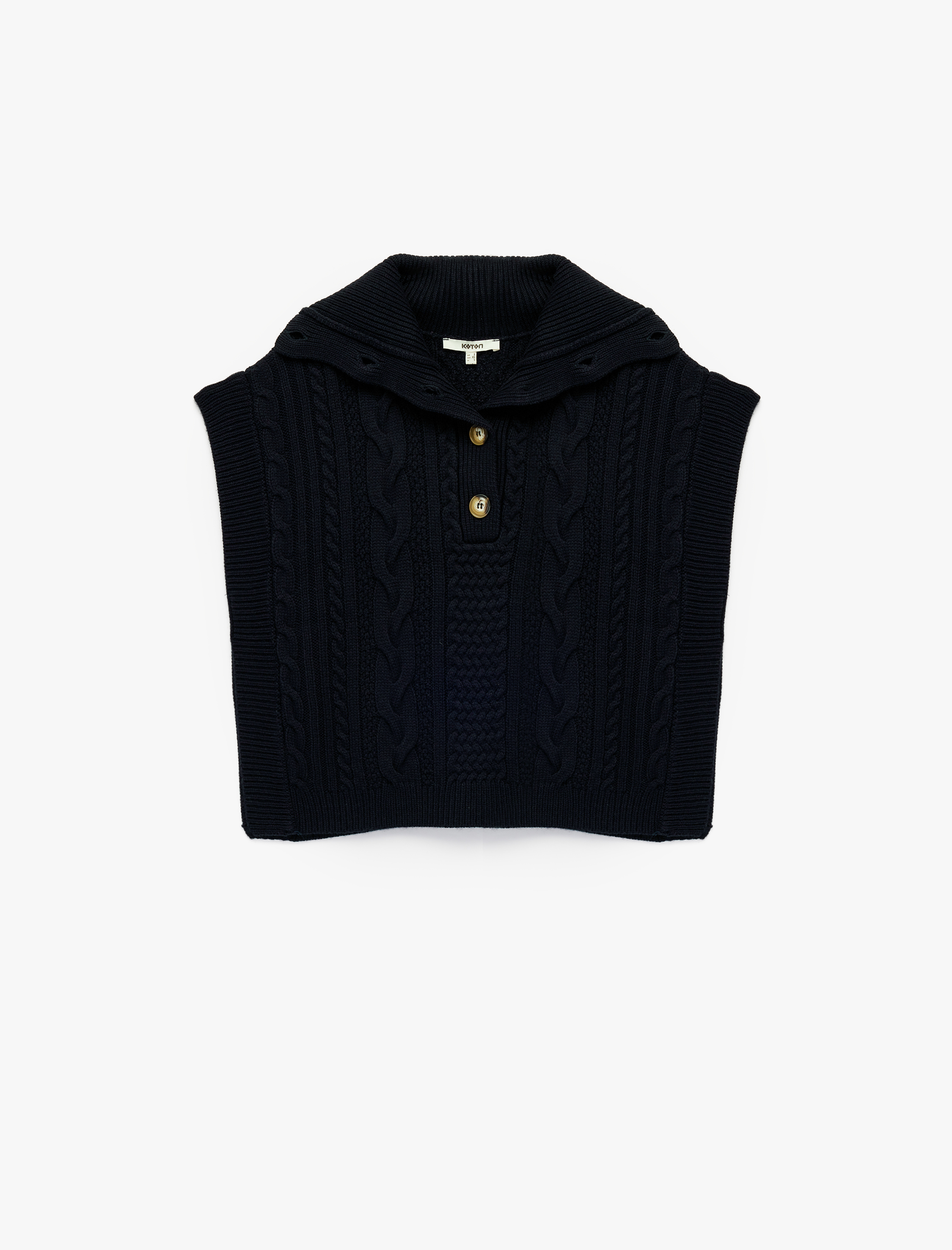   Yarım Düğmeli Devrik Yaka Kolsuz Saç Örgü Süveter