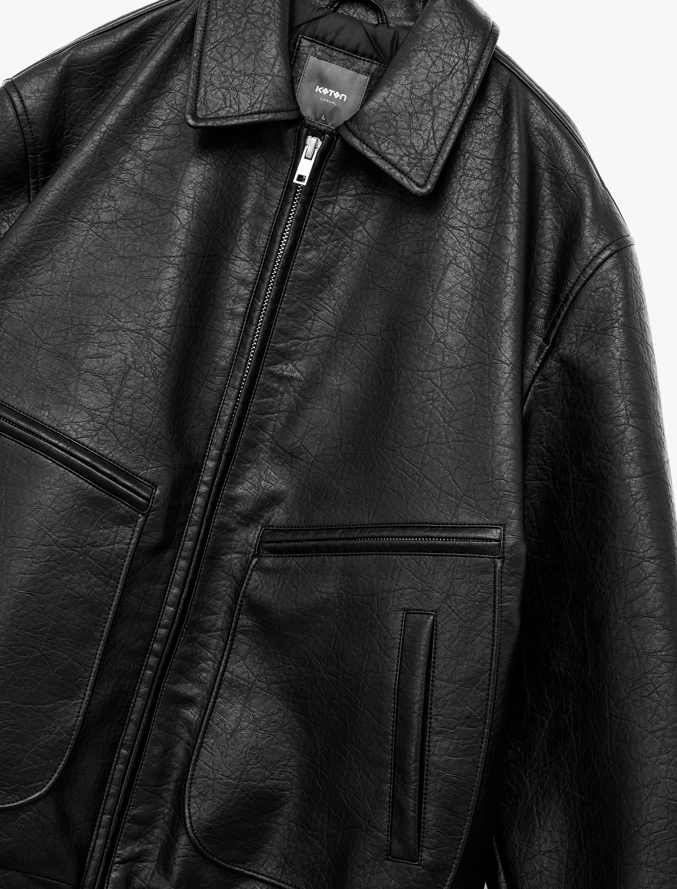   Slim Fit Uzun Kollu Fermuarlı Gömlek Yaka Suni Deri Ceket