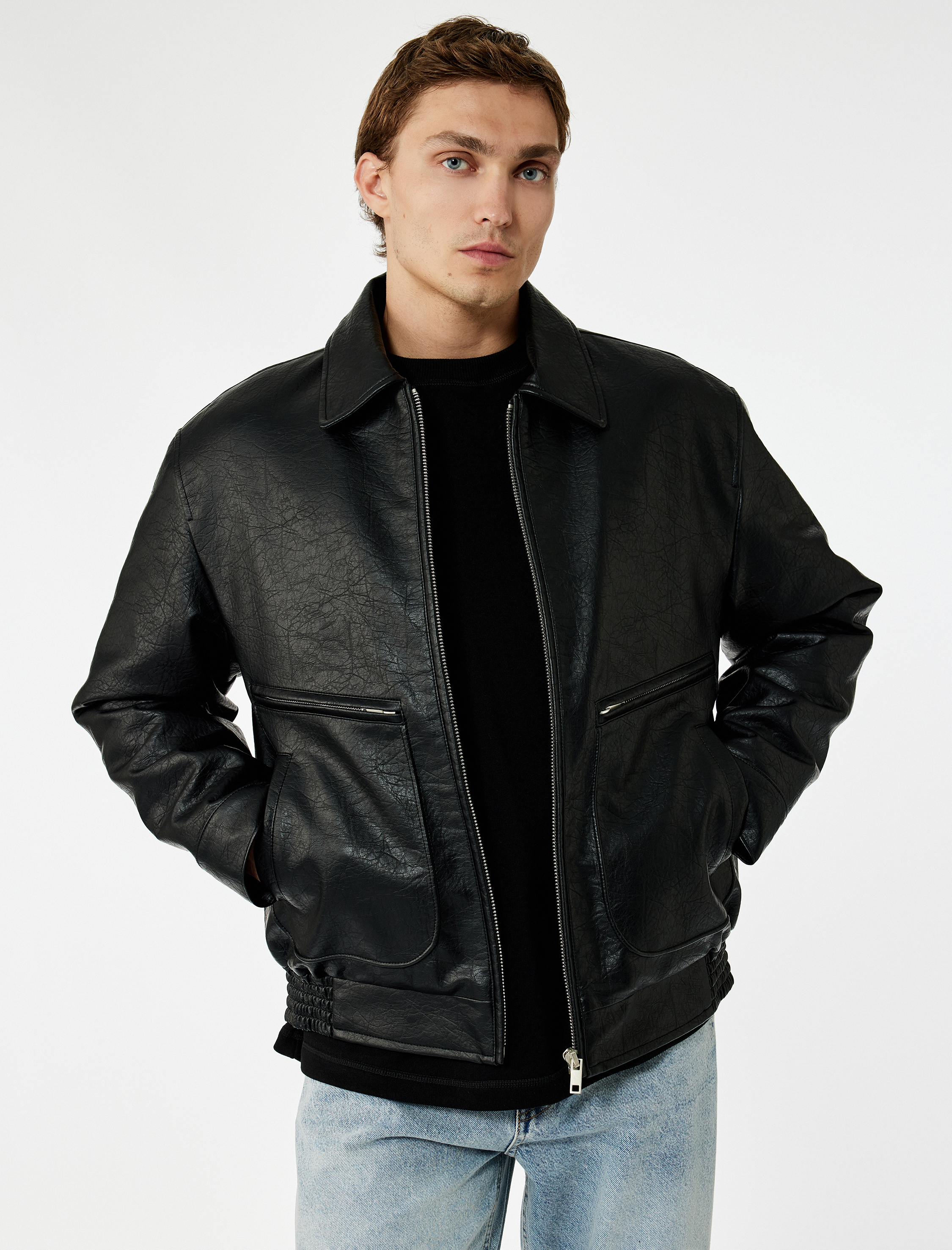   Slim Fit Uzun Kollu Fermuarlı Gömlek Yaka Suni Deri Ceket